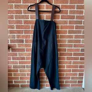 Hazel Brown Black Linen Sleeveless Overall Jumpsuit Leather Straps, Size 3/S-M